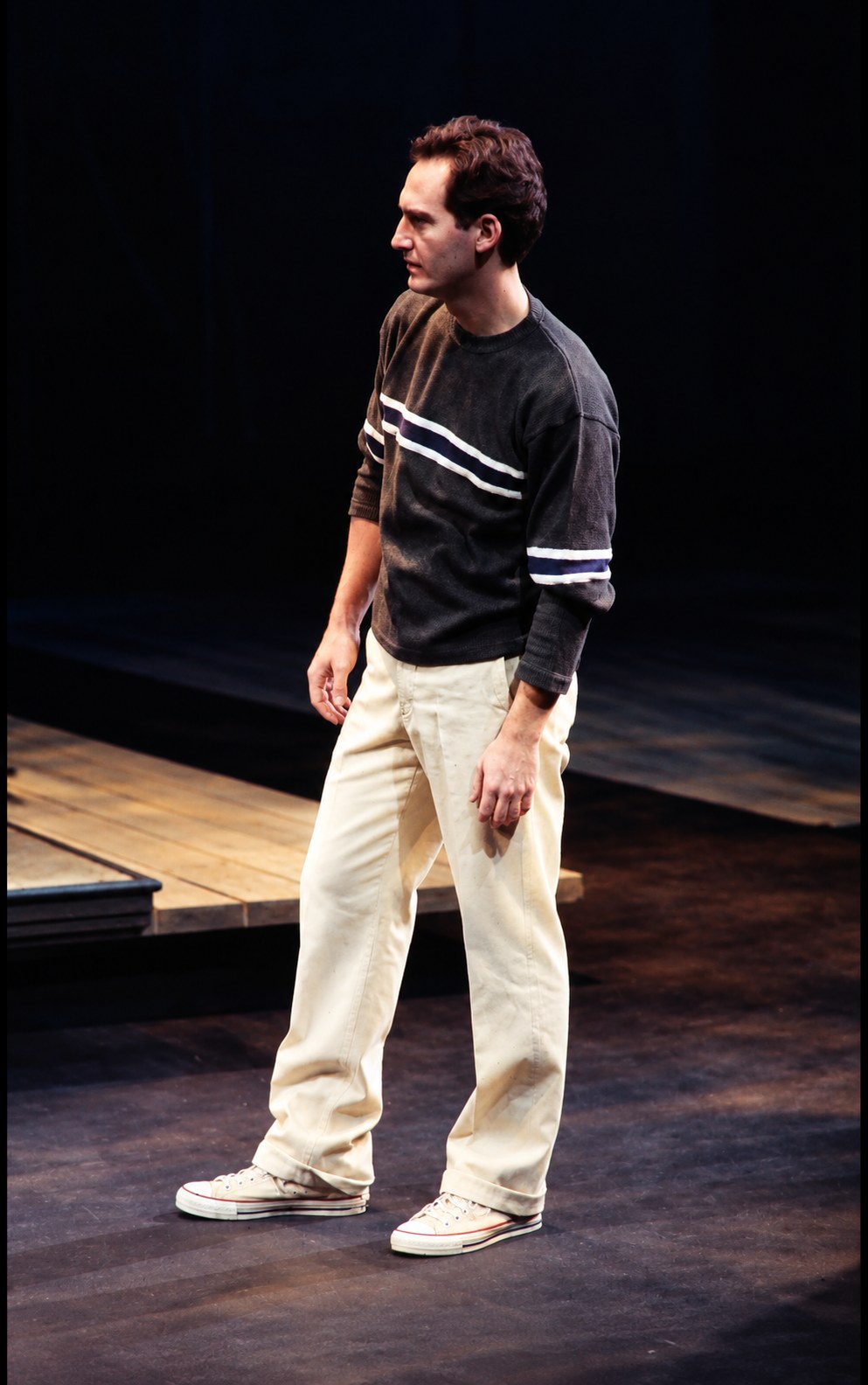 Man in a dark sweater and light trousers, Death of a Salesman, Alley Theatre, Houston, costumes by Laura Crow