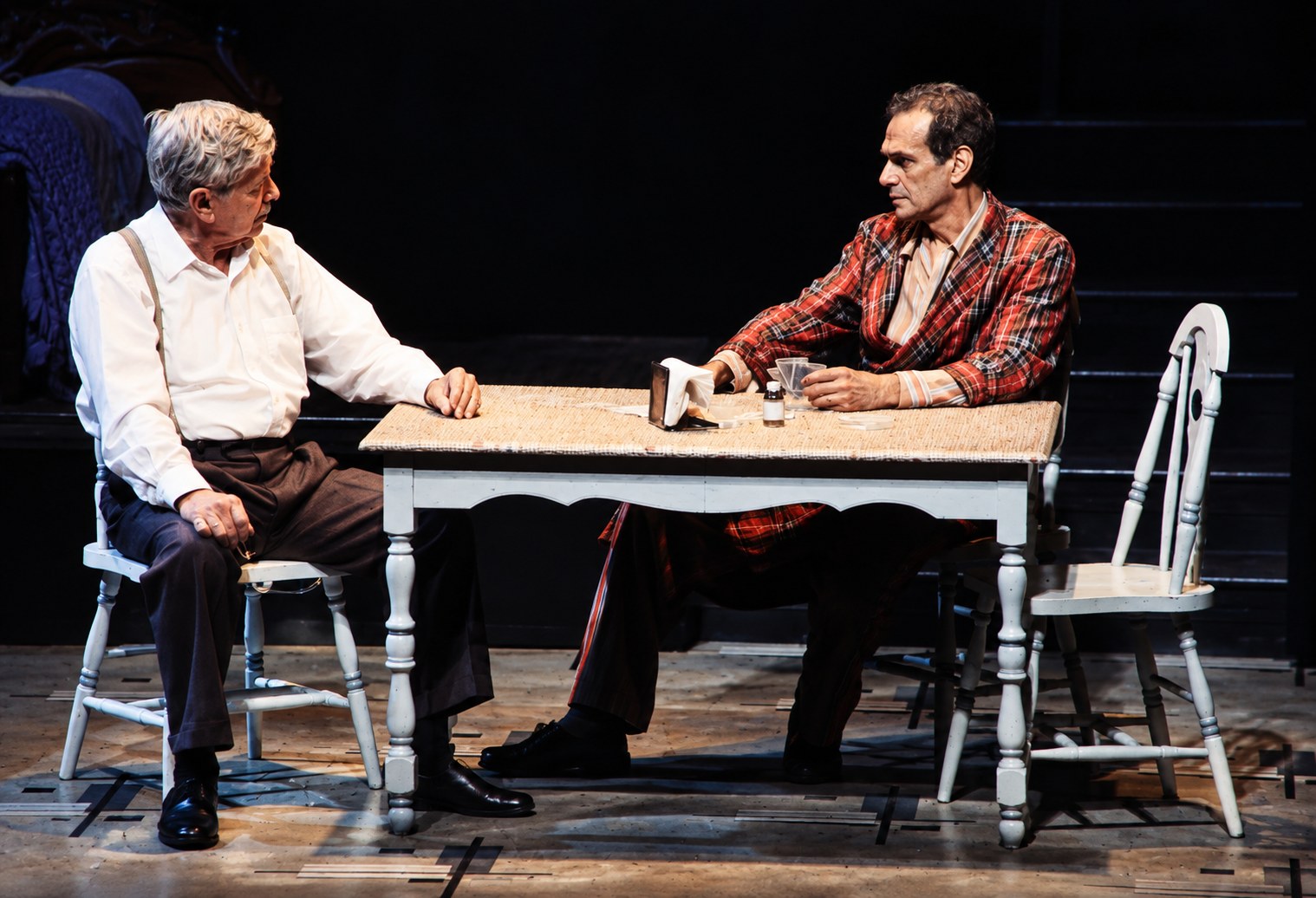 Two men talking across the kitchen table, Death of a Salesman, Alley Theatre, Houston, costumes by Laura Crow