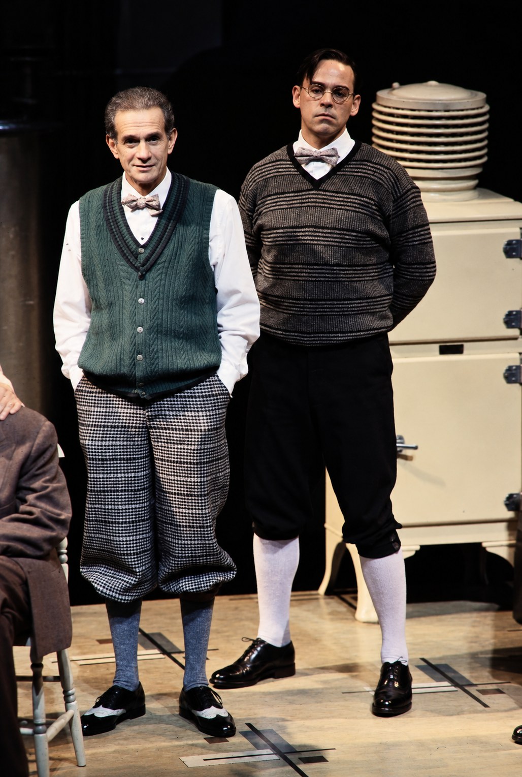Two young men in sweaters, Death of a Salesman, Alley Theatre, Houston, costumes by Laura Crow