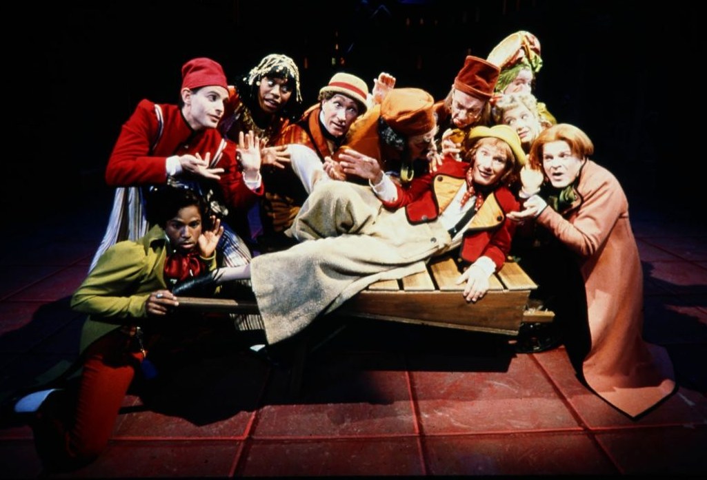 Ensemble production photo, Scapin, costumes by Laura Crow