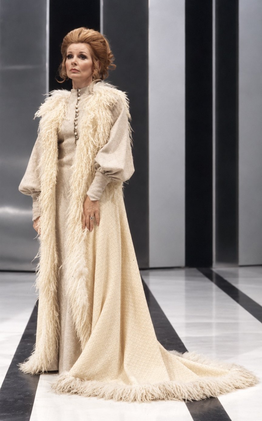 Adrienne Corri in a cream gown with long-haired fur trim and train, Servants and the Snow, Greenwich Theatre, costumes by Laura Crow