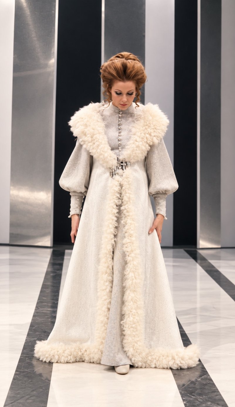 Adrienne Corri in a cream gown trimmed in curly lamb fur, Servants and the Snow, Greenwich Theatre, costumes by Laura Crow