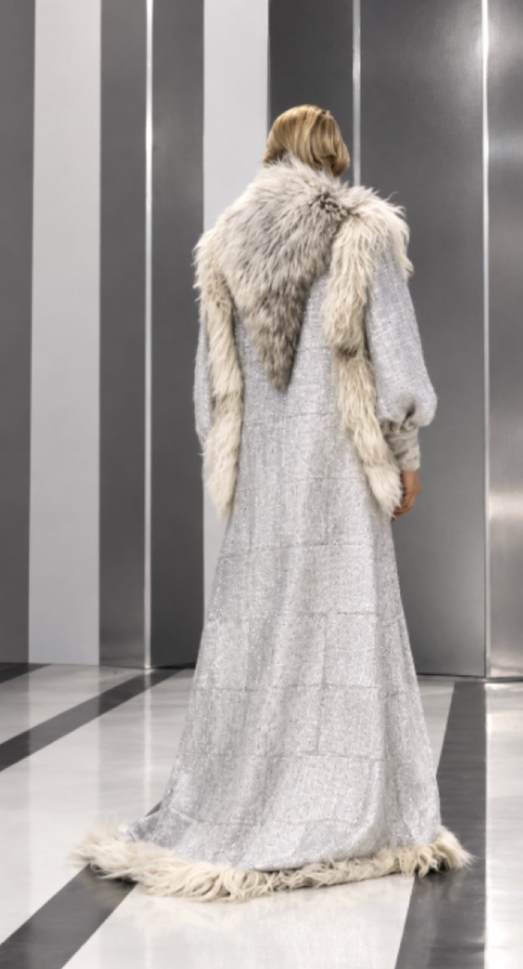 The Baron, back view of fur-trimmed gray robe, Servants and the Snow, Greenwich Theatre, costumes by Laura Crow