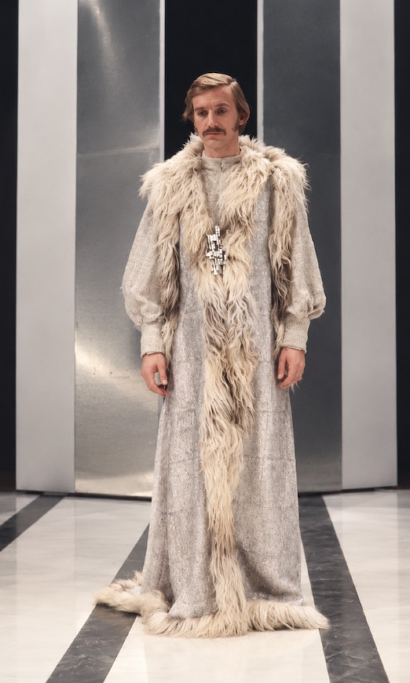 The Baron in a fur-trimmed gray robe, Servants and the Snow, Greenwich Theatre, costumes by Laura Crow