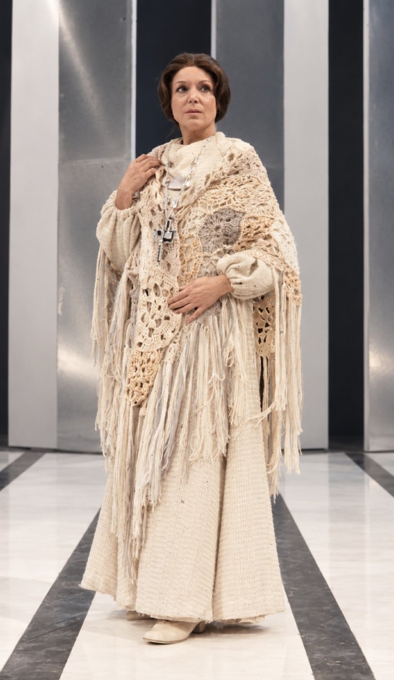 Maria the servant in a cream crocheted shawl, Servants and the Snow, Greenwich Theatre, costumes by Laura Crow