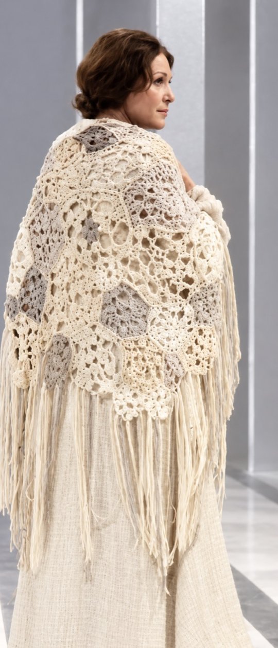 Maria the maid in a crocheted shawl, Servants and the Snow, Greenwich Theatre, costumes by Laura Crow