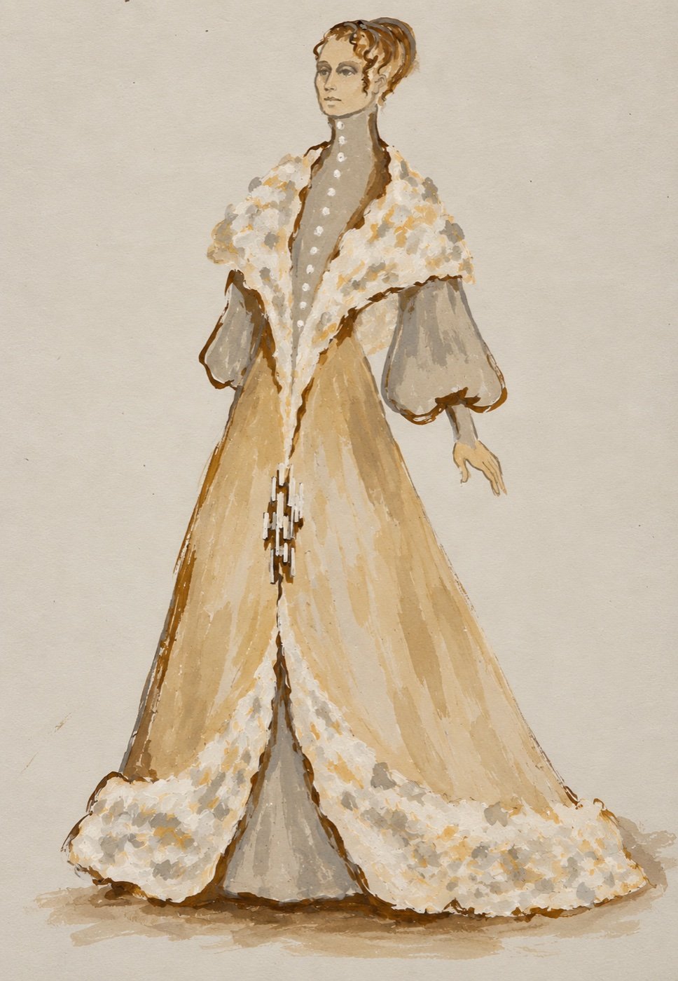 Costume rendering for Adrienne Corri, cream gown with fur trim, Servants and the Snow, Greenwich Theatre, by Laura Crow