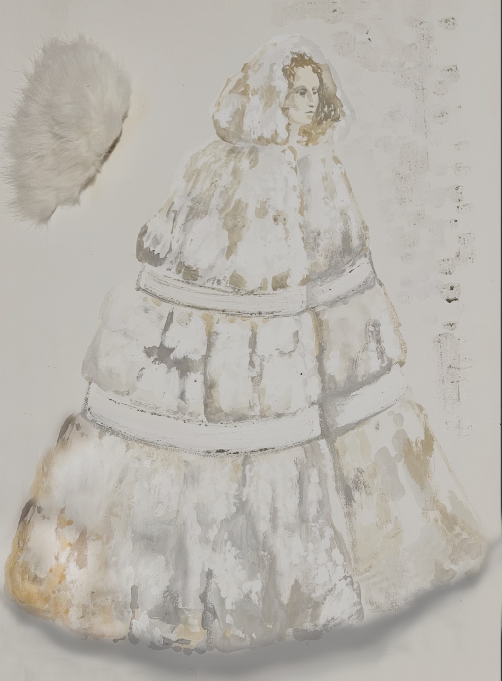Costume rendering, hooded white fur cape, Servants and the Snow, by Laura Crow