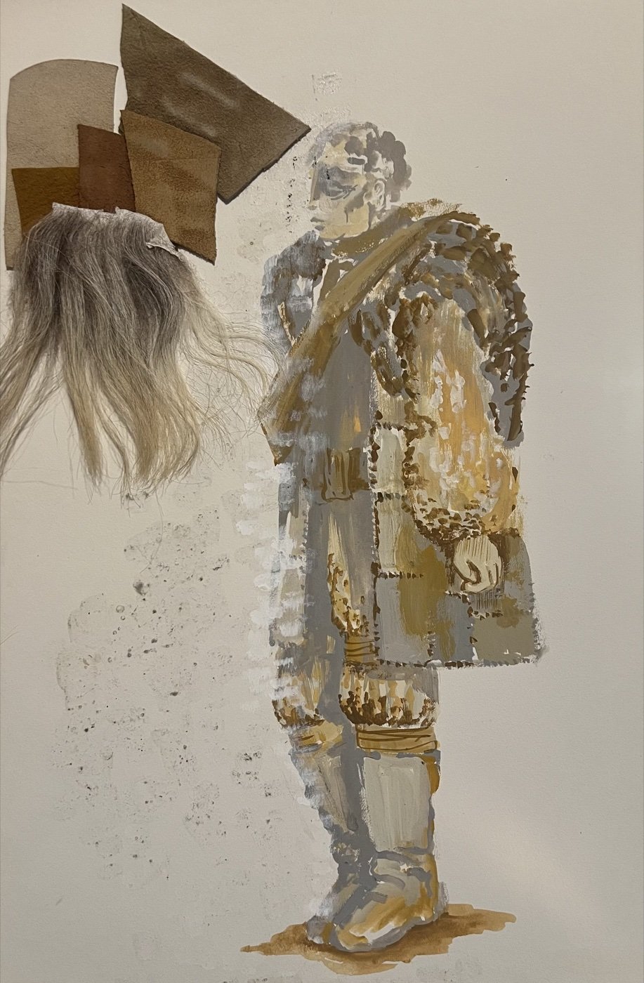 Costume sketch for the patchwork fur coat with fabric and hair swatches, Servants and the Snow, Greenwich Theatre, by Laura Crow