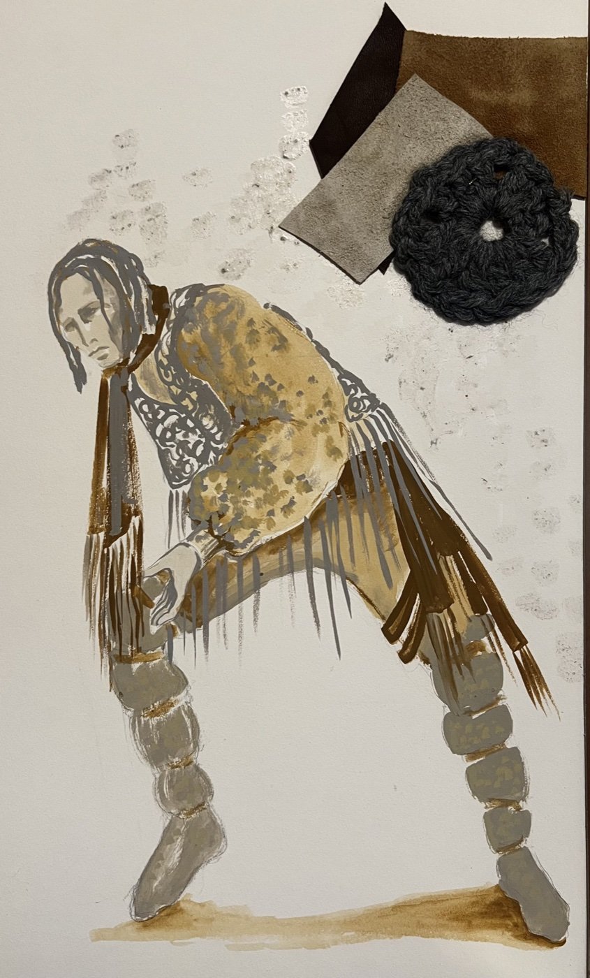 Costume sketch for Patrice the Gypsy with fabric swatches, Servants and the Snow, Greenwich Theatre, by Laura Crow