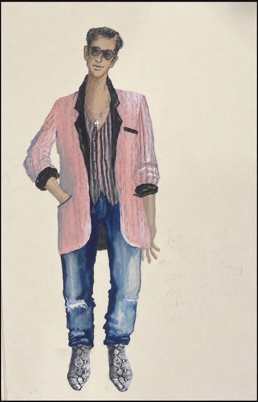 Iggy in a pink jacket, costume design, Sons of Don Juan