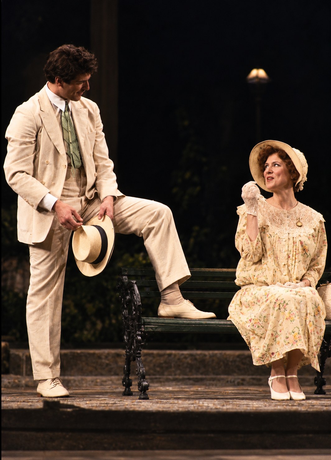 Two performers in pale summer clothes, Summer and Smoke, Ahmanson Theatre, Los Angeles, costumes by Laura Crow