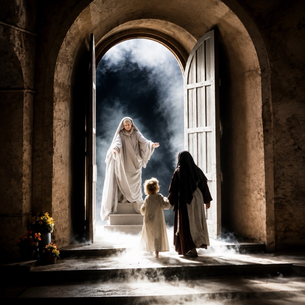 The Madonna's vision, with Angelica and her child, costume design, Suor Angelica, by Laura Crow