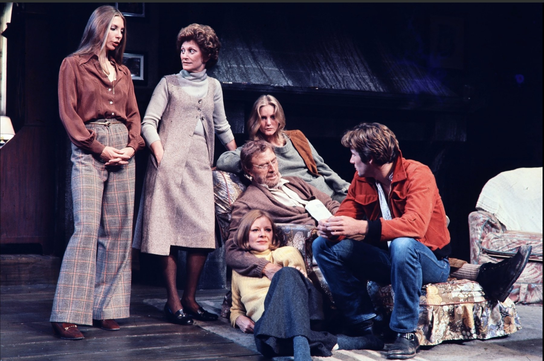 The ensemble gathered in the sitting room, The Farm, Circle Repertory Theatre, costumes by Laura Crow