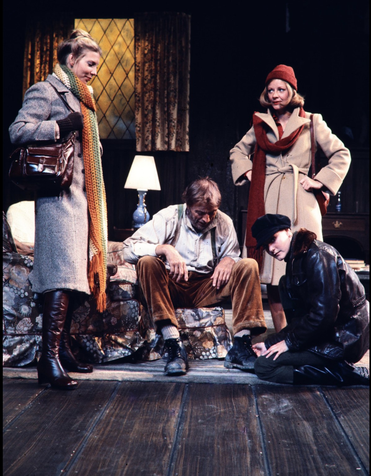 Three performers in the sitting room, The Farm, Circle Repertory Theatre, costumes by Laura Crow