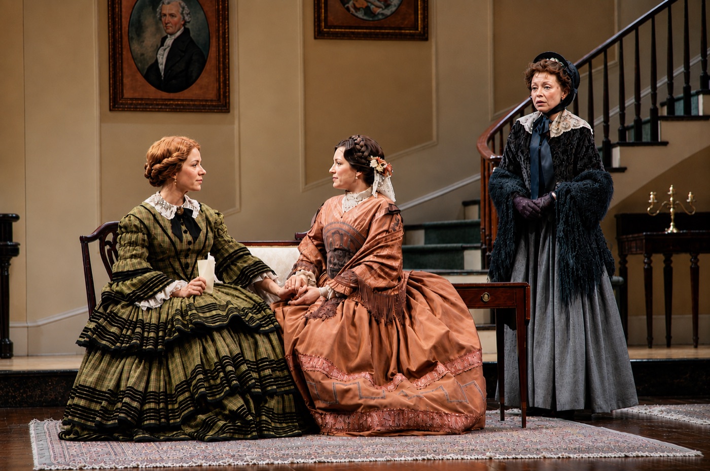 Catherine, friend and maid shopping, costume design, The Heiress