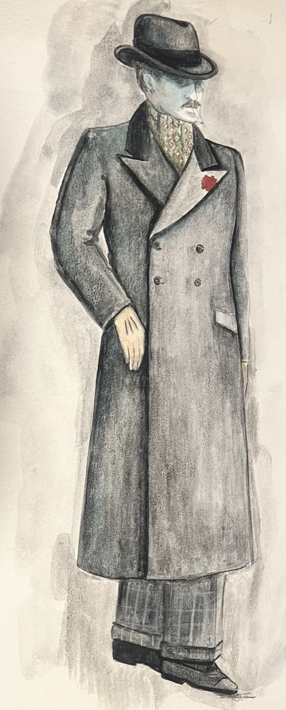 Costume rendering, man in overcoat with a red boutonniere, The Water Engine