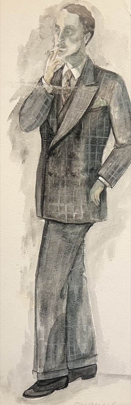 Costume rendering, man in plaid suit smoking, The Water Engine
