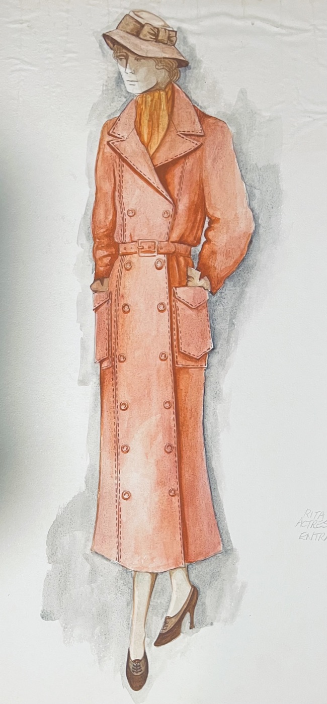 Costume rendering, Rita in an orange trench coat, The Water Engine