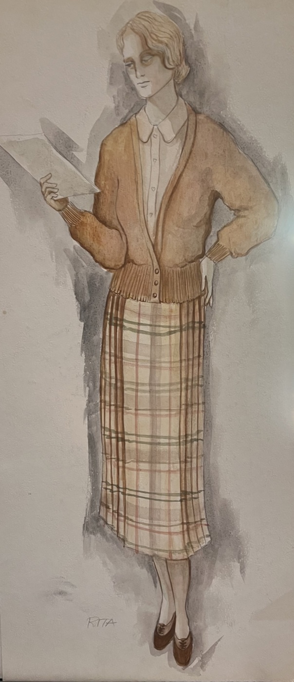 Costume rendering, Rita reading a letter, The Water Engine