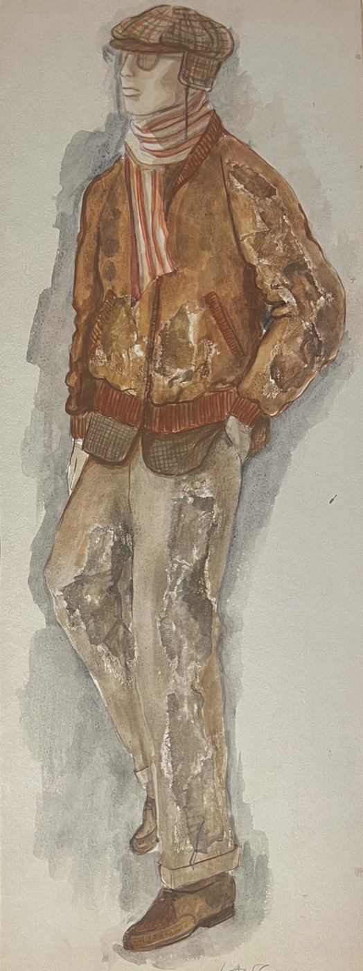 Costume rendering, young man in a scarf and cap, The Water Engine