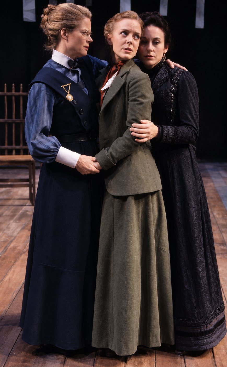 The three sisters at the ending, production photo, The Three Sisters, Pittsburgh Public Theatre, costumes by Laura Crow