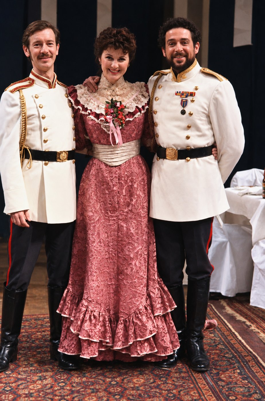 The sister-in-law flirting with soldiers, production photo, The Three Sisters, Pittsburgh Public Theatre, costumes by Laura Crow