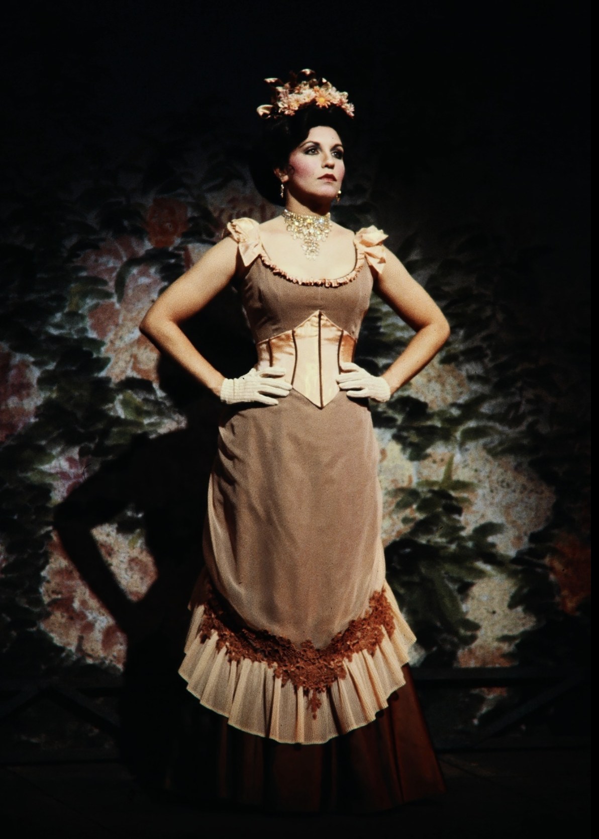 Performer in a brown period dress, Tintypes, Seattle Repertory Theatre, costumes by Laura Crow