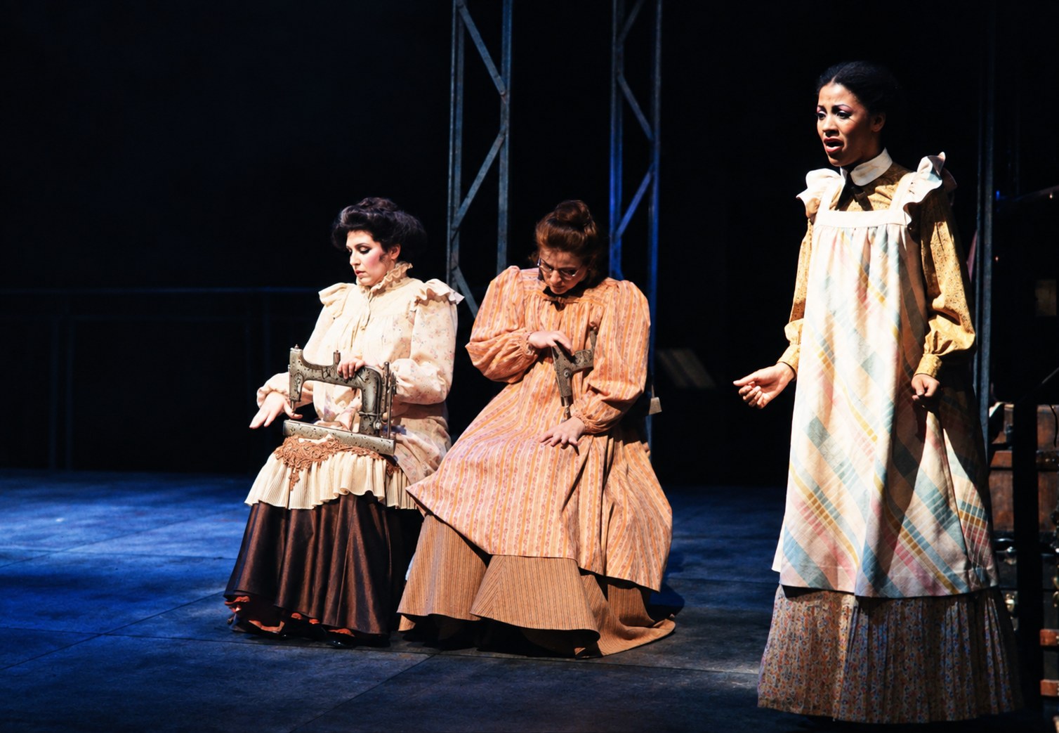 Three women in contrasting period dresses, Tintypes, Seattle Repertory Theatre, costumes by Laura Crow