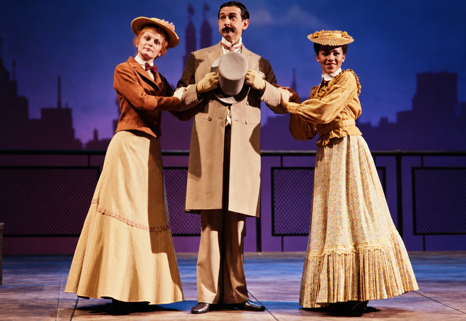 Trio in period costumes with straw hats, Tintypes, Seattle Repertory Theatre, costumes by Laura Crow