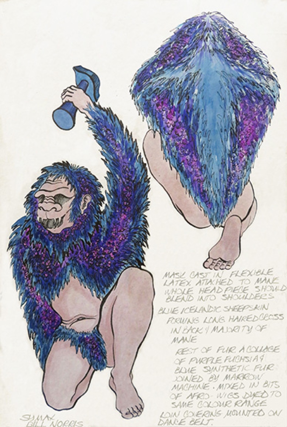 Original costume design sketch for Symax, the Space Ape, Warp, with Laura Crow's handwritten fabric notes