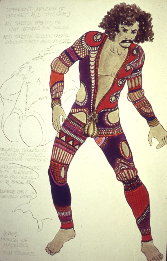 Original costume design sketch for Chaos, Prince of Madness, Warp, with Laura Crow's handwritten fabric notes