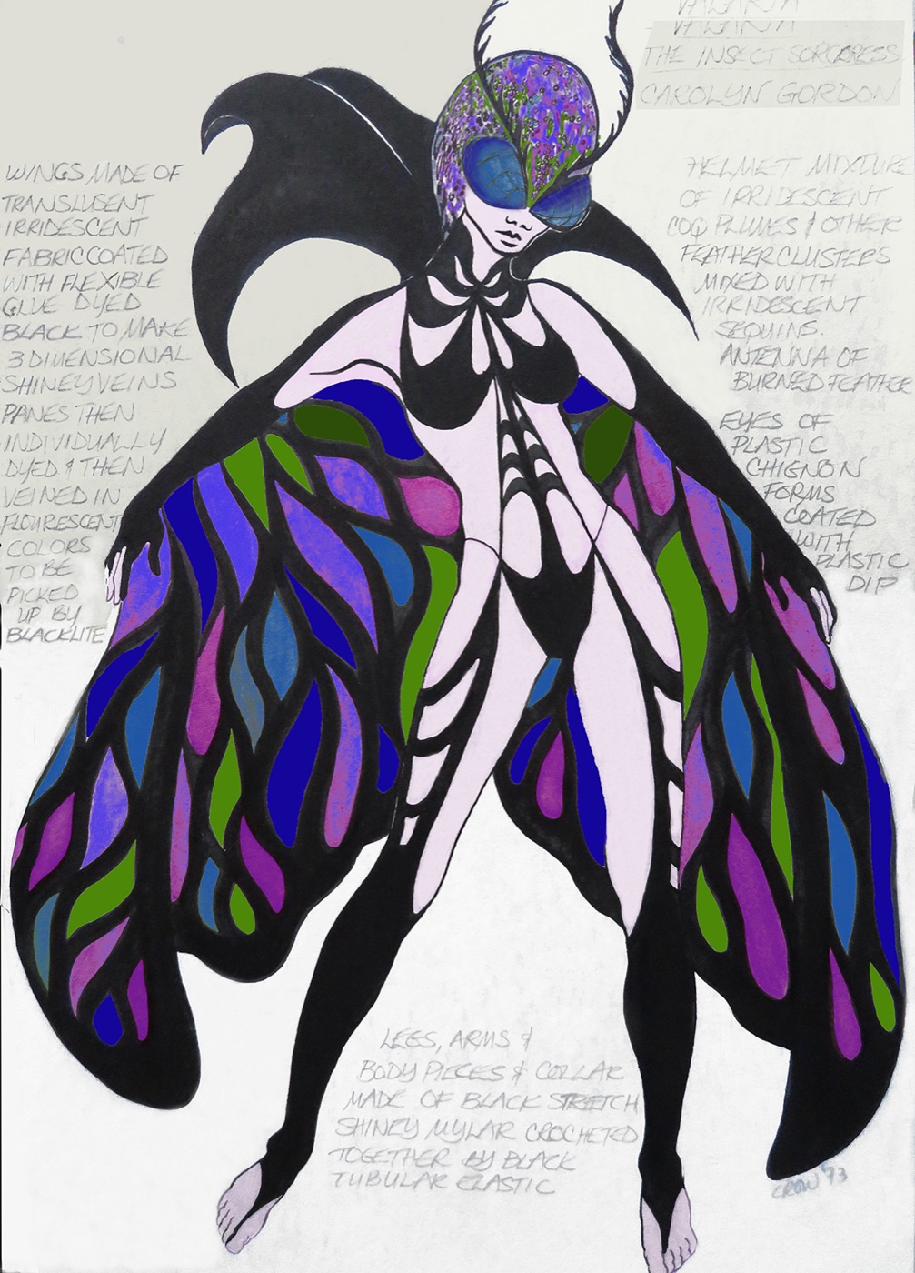 Original costume design sketch for Valaria, the Insect Sorceress, Warp, with Laura Crow's handwritten fabric notes